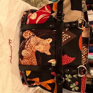 Salvatore Ferragamo Black Jungle Print Shoulder Purse/Tote